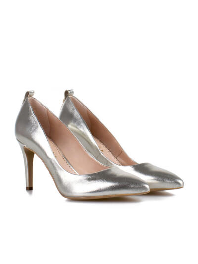 Estelle Brautpumps in gold-silberner Farbkombination von Malloe Brautmode Berlin - Vorderansicht.