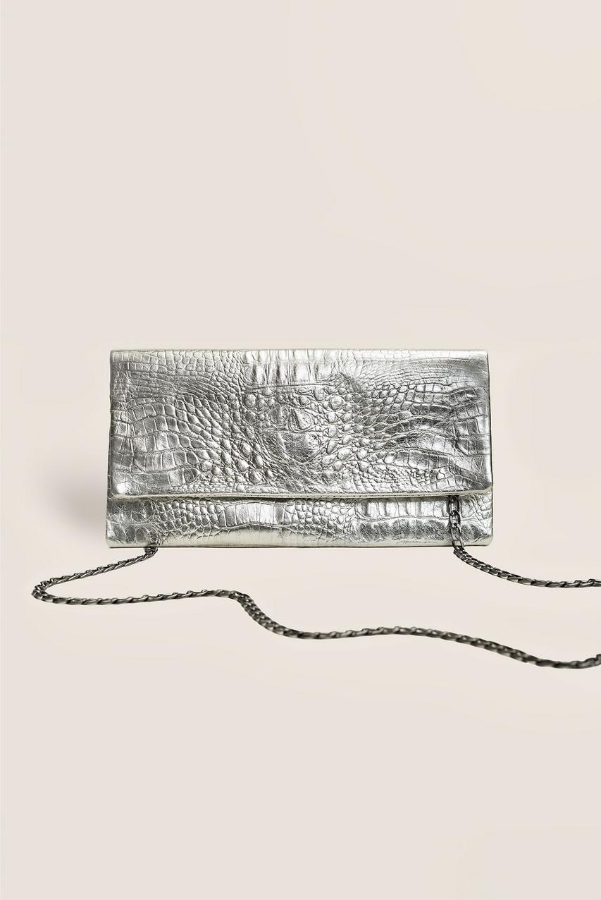 Leder-Clutch Krokodilmuster Silber