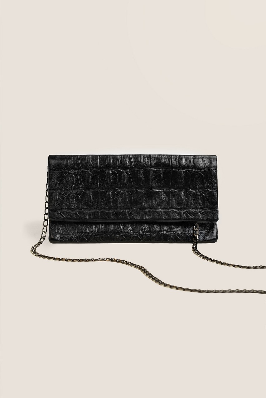 Leder-Clutch Krokodilmuster Schwarz